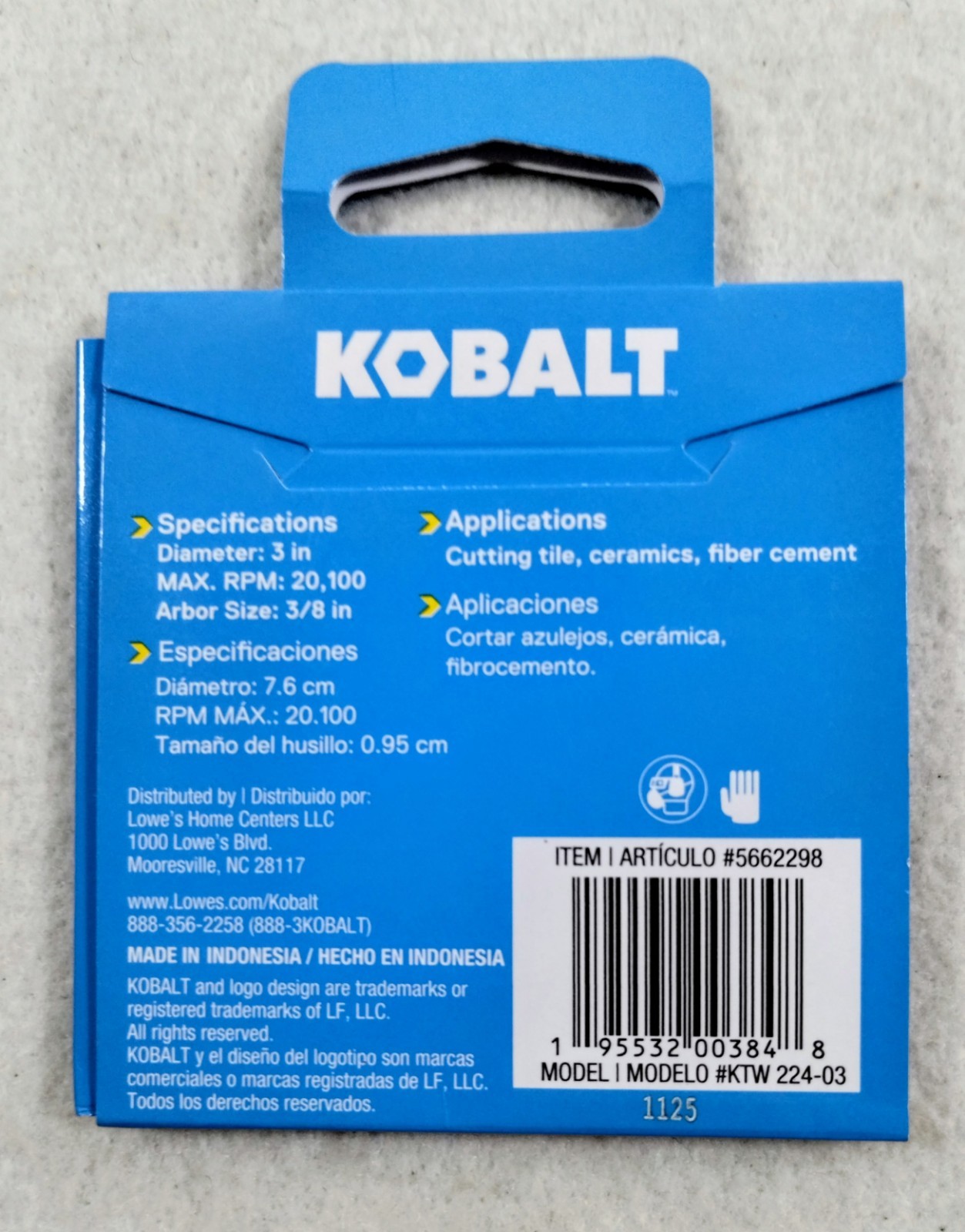 Kobalt 3″ Diamond Tile Wheel Arbor 3/8″ KTW 224-03 #5662298 Brand New