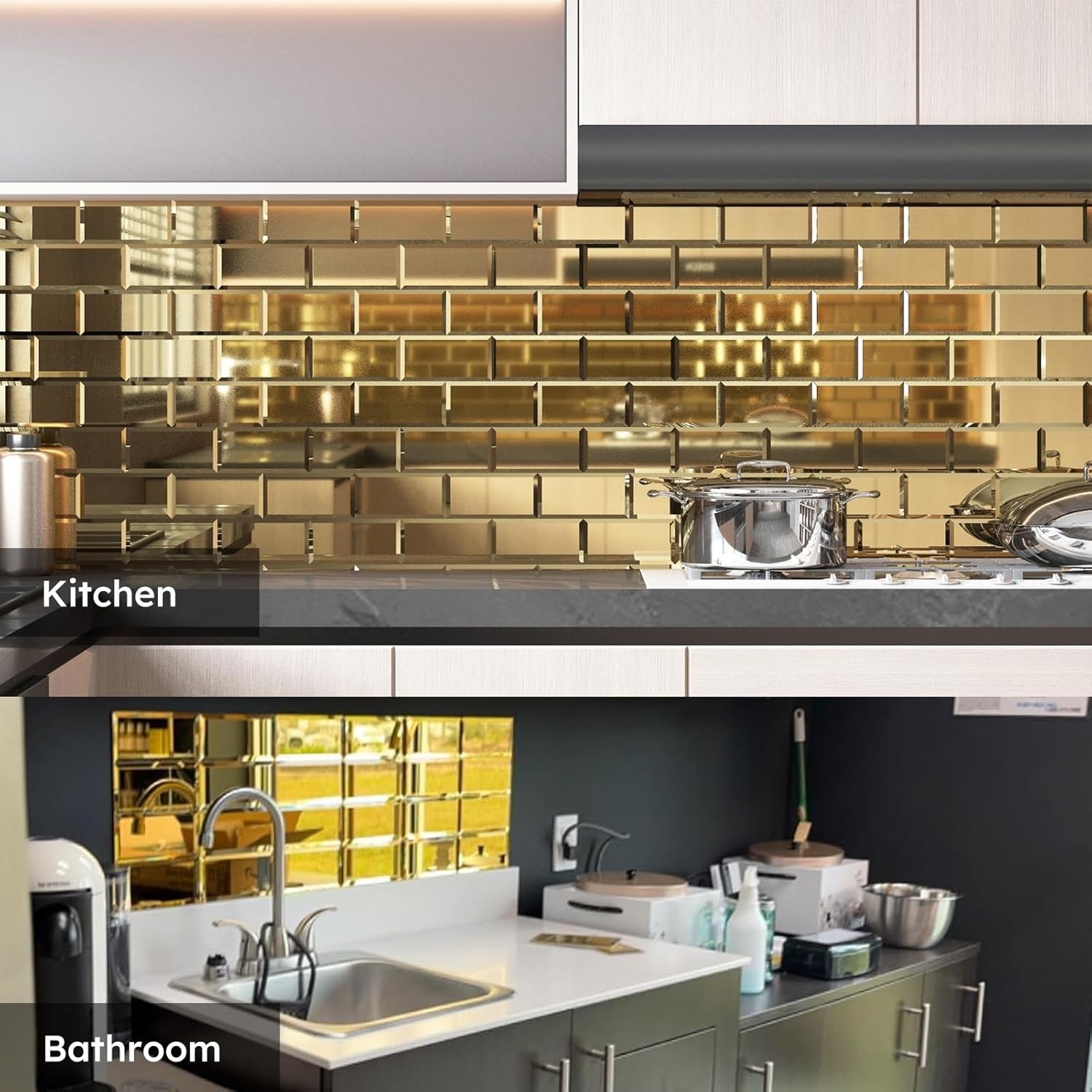 Elegant Peel and Stick Gold Beveled Mirror Backsplash – 3×6 Inch Subway Tiles^-