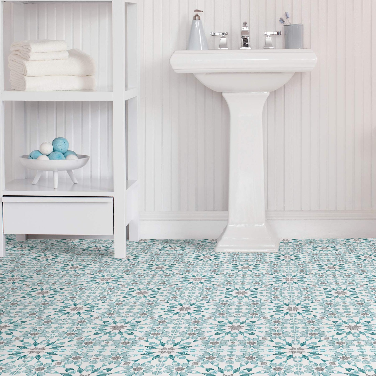 FloorPops Radiance Peel and Stick Floor Tiles Blue Geometric Vinyl Floor Tiles
