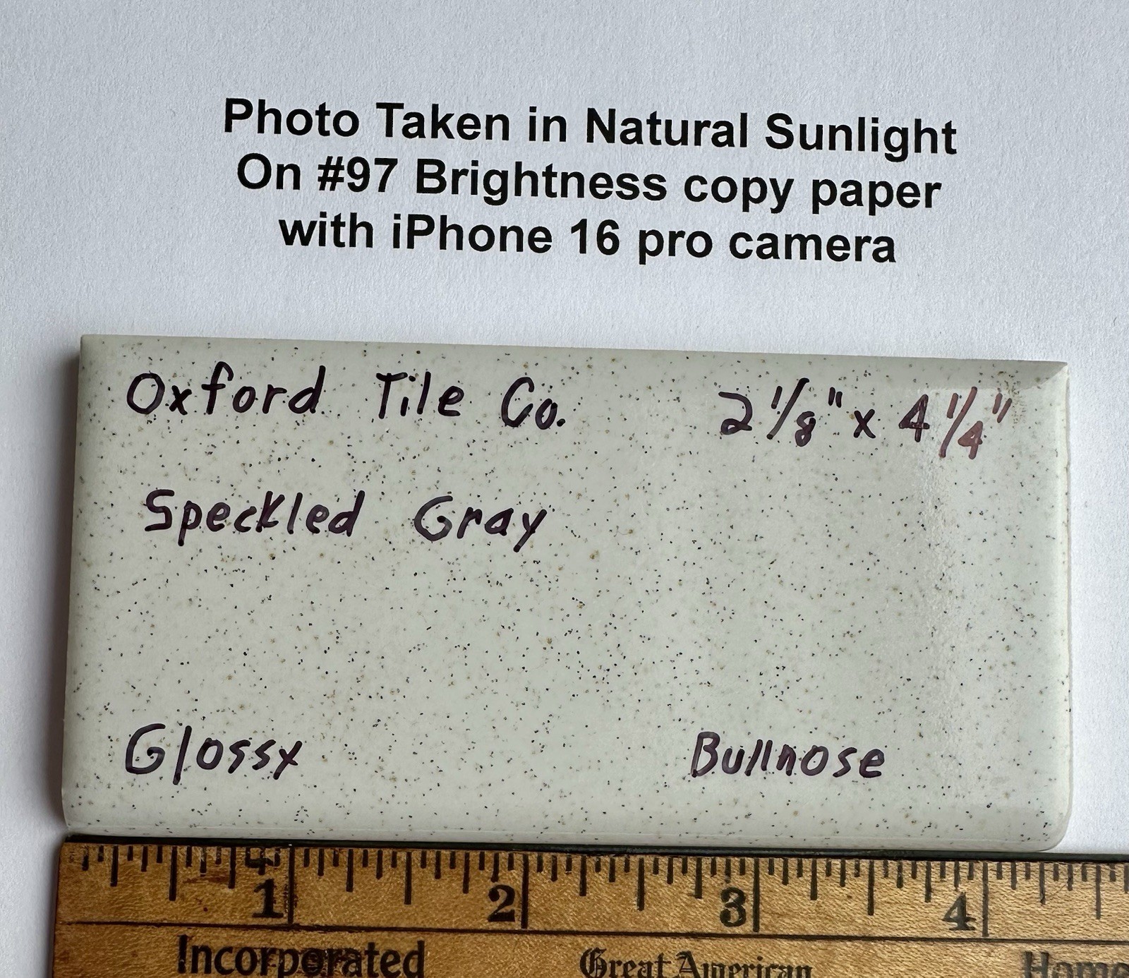 1 pc. Speckled Gray: 2-1/8″ X 4-1/4″ Glossy Bullnose Ceramic Tile by Oxford Co.