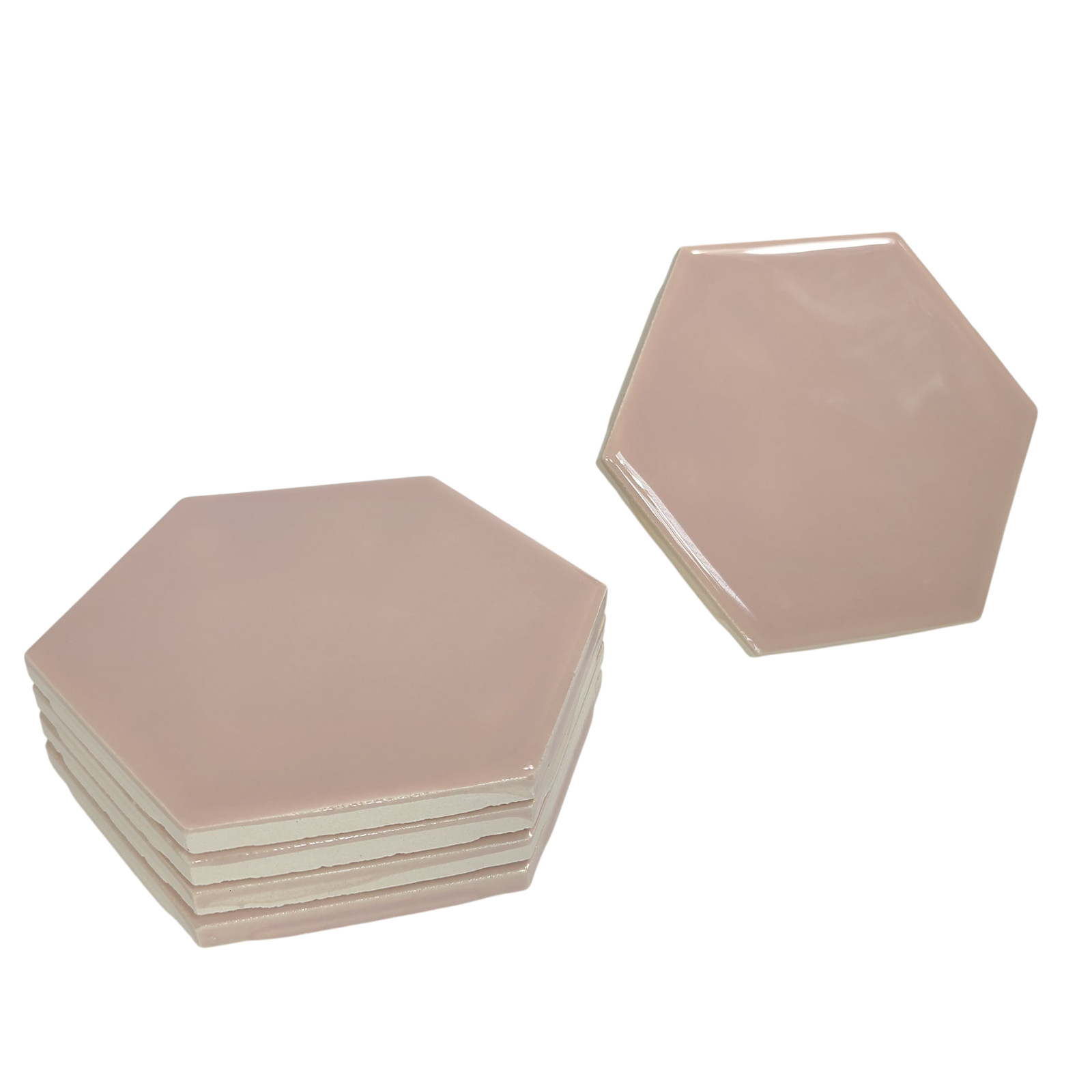 Pink Ceramic Tile Hexagon Subway Vintage Mid Century Modern Rippled Undulated