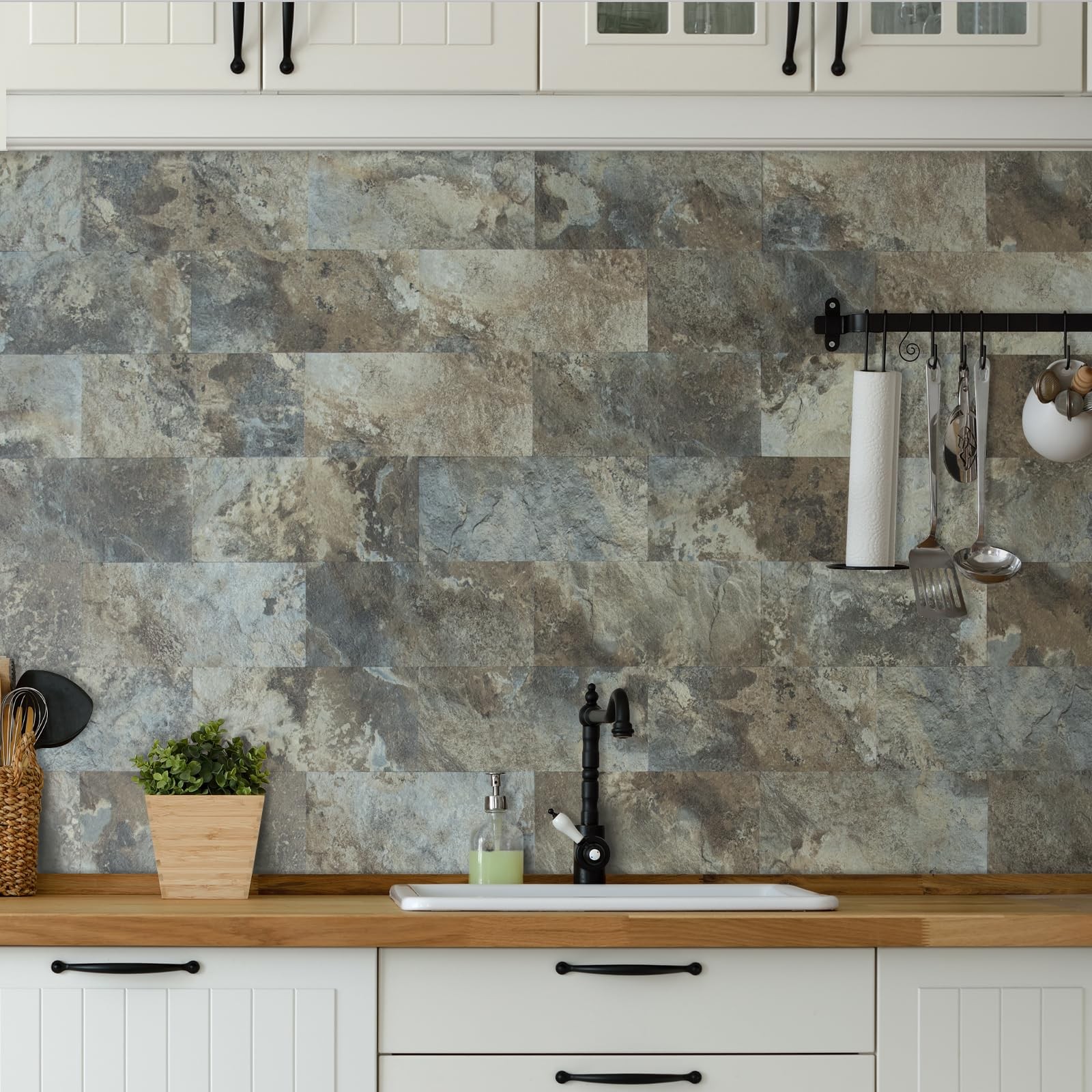 20-Piece Beige & Brown Slate Peel and Stick Backsplash Wall Tiles, 6″ x 12″ P…