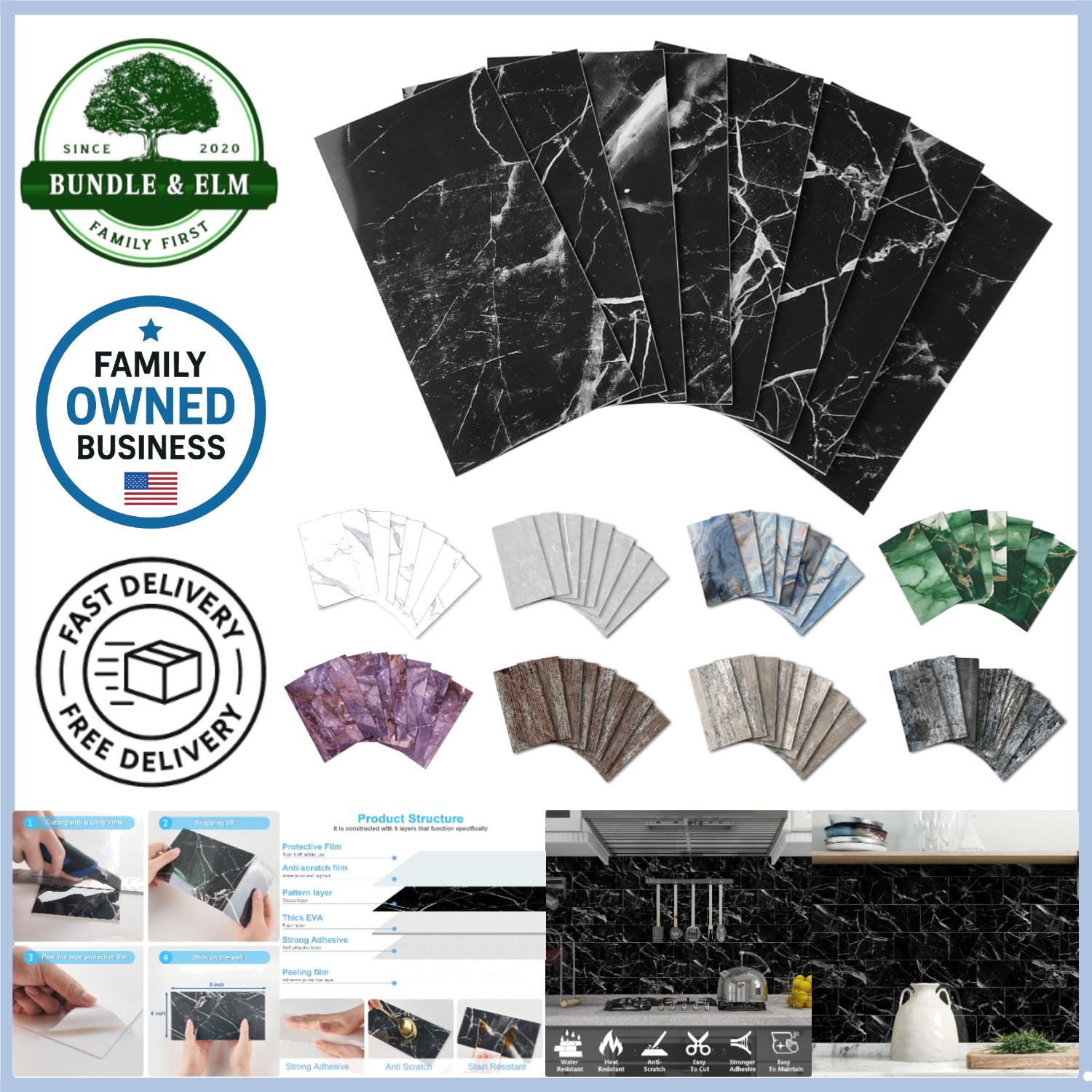 Peel and Stick Backsplash Tiles 32pcs PVC Black Marble 4×8 for Kitchen Bathroom