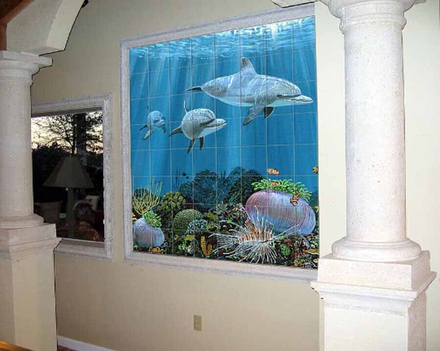 jellyfish tropical fish in undersea coral reef ceramic tile mural backsplash