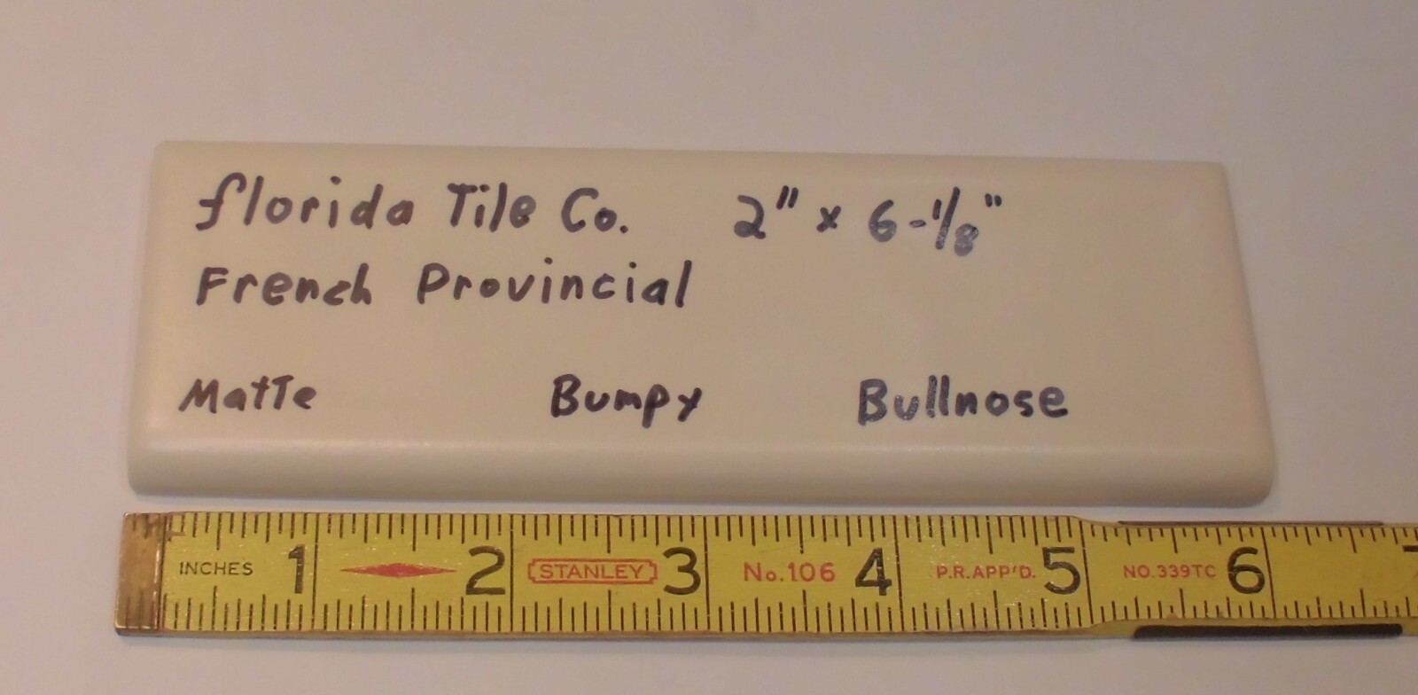 1 pc. French Provincial – very light tan: Bullnose Ceramic Tile by Florida Co.