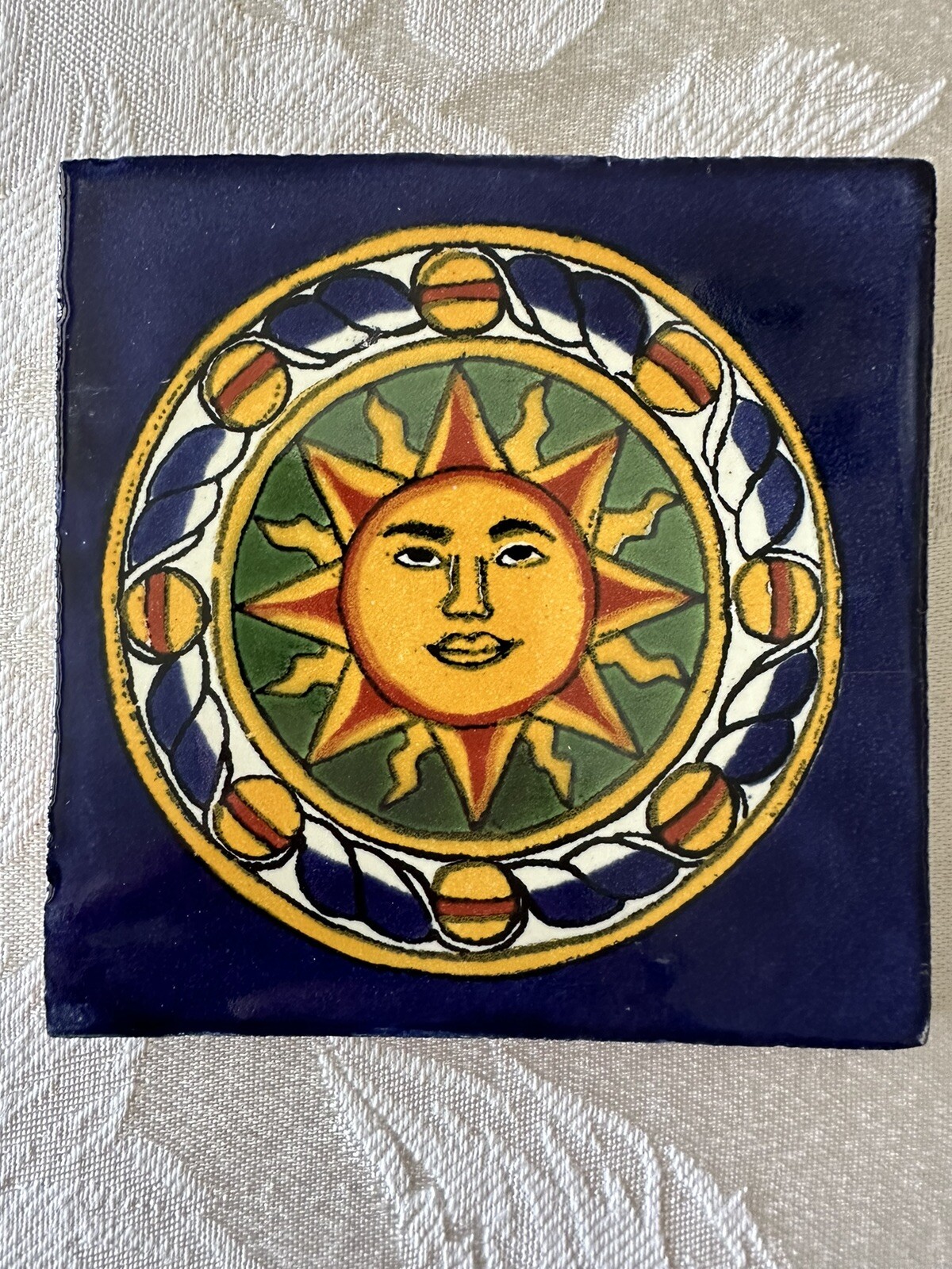 Mexican Red Clay Tile Folk Art Sun Handmade Talavera Backsplash Hand painted 4″
