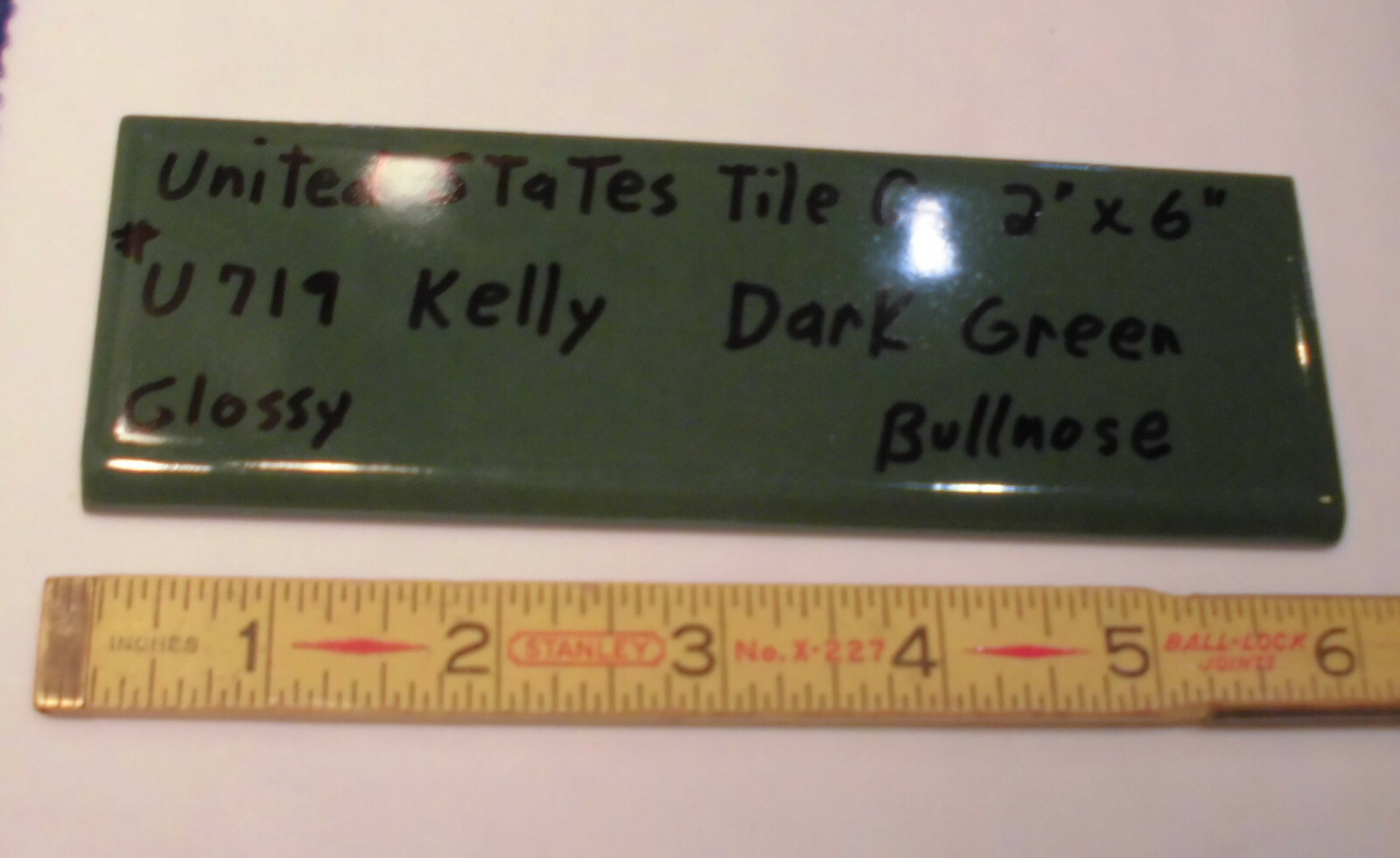 1 pc. Dark Greenest-Blue; Glossy Bullnose Surface Flat Ceramic Tile; NOS , USA