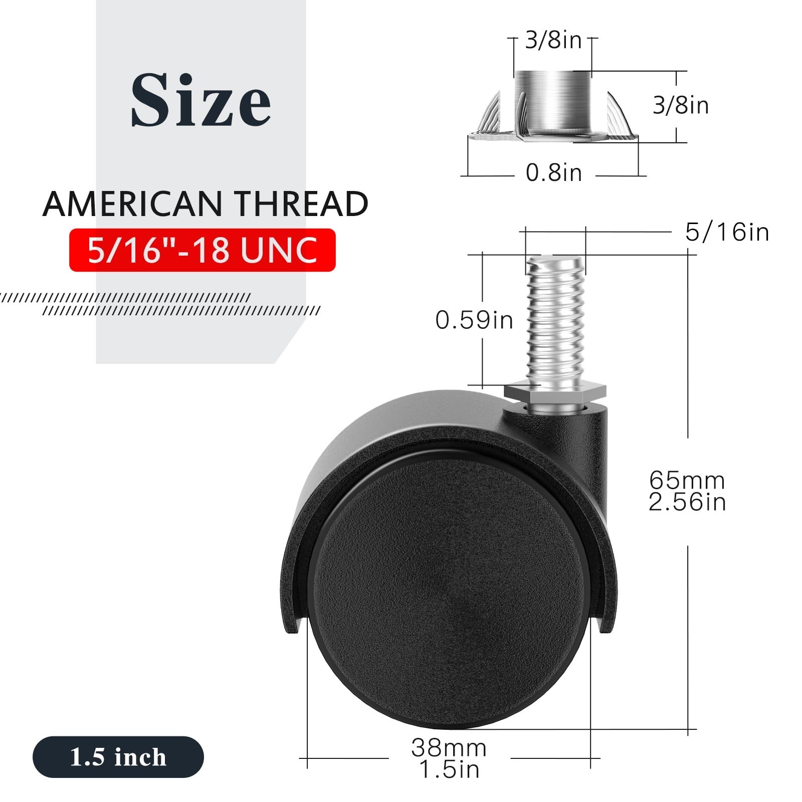 1.5 Inch Furniture Stem Casters Set of 4, Threaded Stem Diameter 5/16″ Plasti…