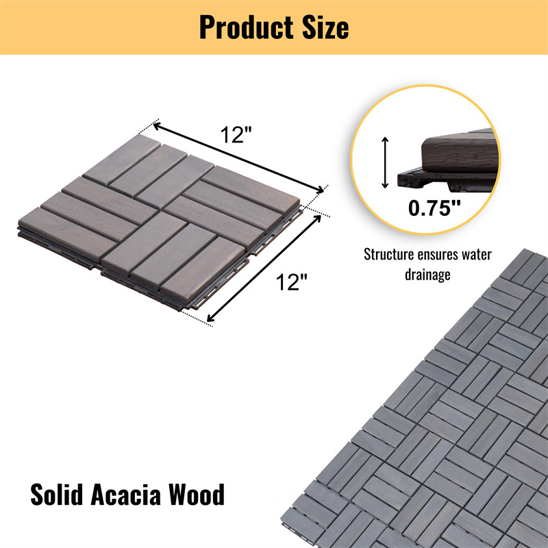 12″x12” Interlocking Deck Tiles Checker Pattern Acacia Wood Outdoor Flooring