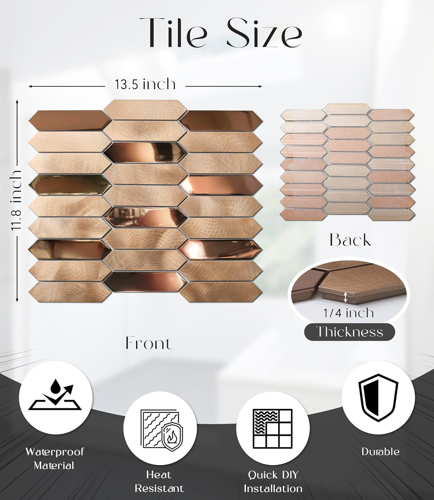 Champagne Gold Hexagon Mosaic Tiles, Metal Stainless Steel, 12×12 Inches, Pack