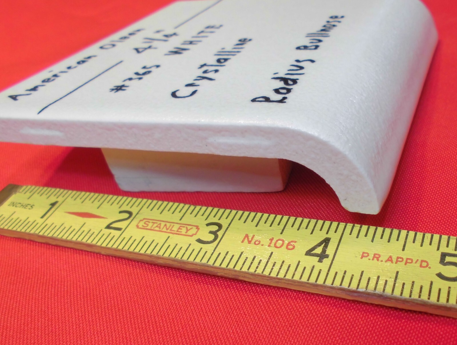 1 pc. WHITE: Crystalline Ceramic Radius Bullnose Tile 4-1/4” American Olean Co.