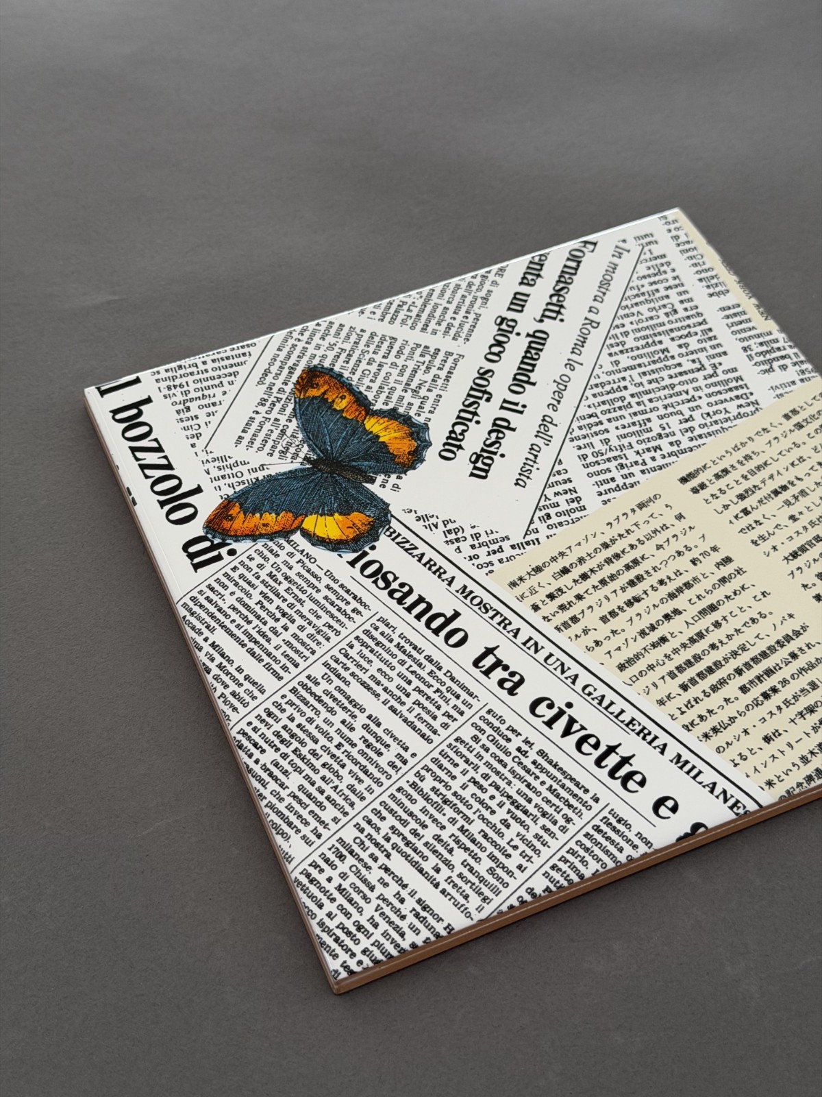 Fornasetti Newspaper & Butterfly Tile Pair 8×8 – Ceramica Bardelli Italy