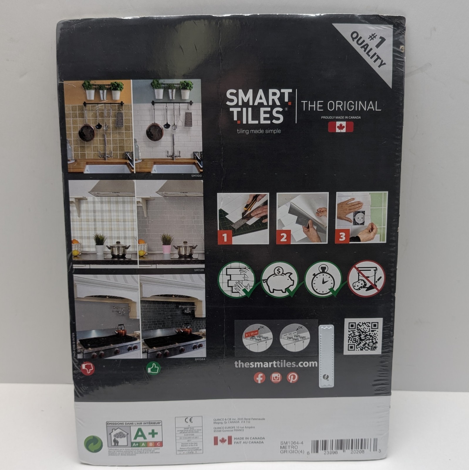 Smart Tiles Vinyl Adhesive Wall Tile 1 Pack of 4 Metro Grigio SM1064-4 (Gray)