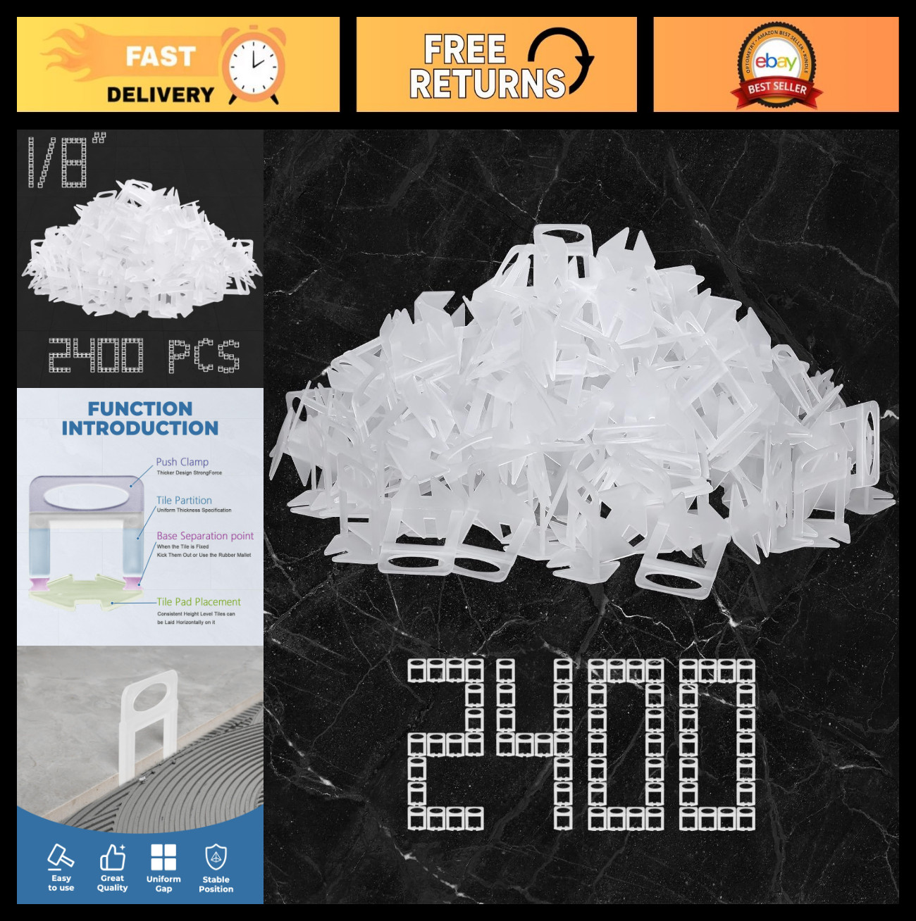 Tile Spacers 1/8″ – 2400 Pcs DIY Leveling Clips for Ceramic & Stone Installation