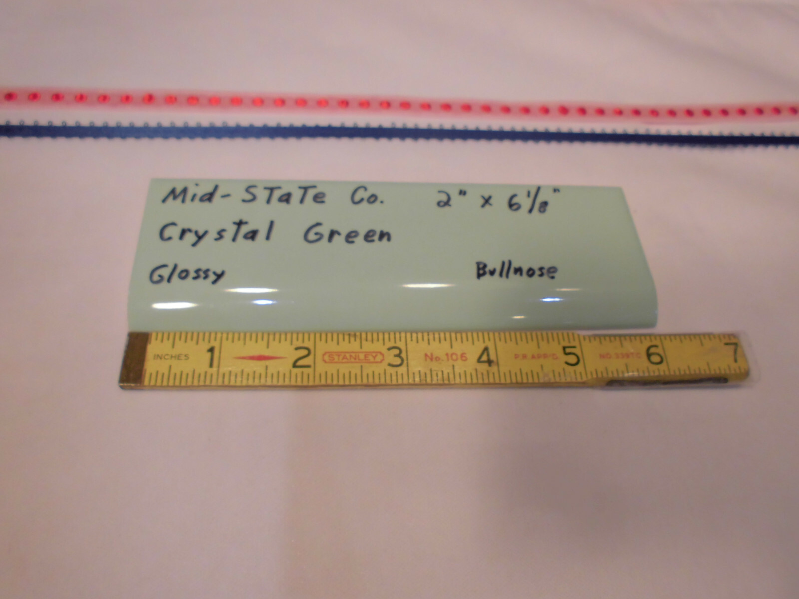 1 pc. Crystal Green: 2” X 6” Glossy Ceramic Bullnose Tile by MID-STATE, NOS