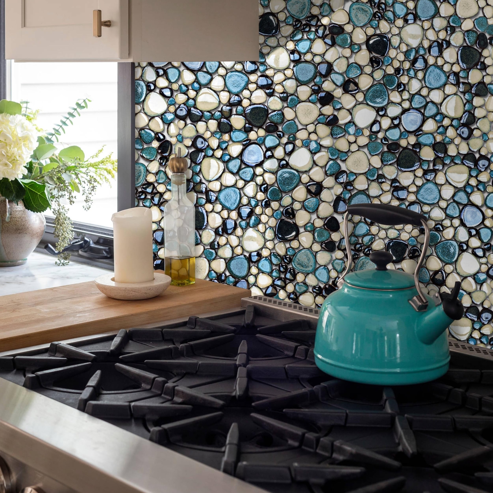 Interlocking Pebble Tiles 5 Sheets, Aqua Teal Blue Mosaic Tiles Mesh Mounted,…