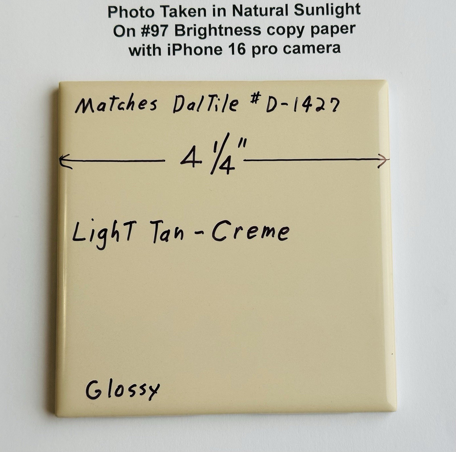 1 pc. Light Tan – Cream: 4-1/4″ Glossy Ceramic Tile, matches Daltile #D-1427