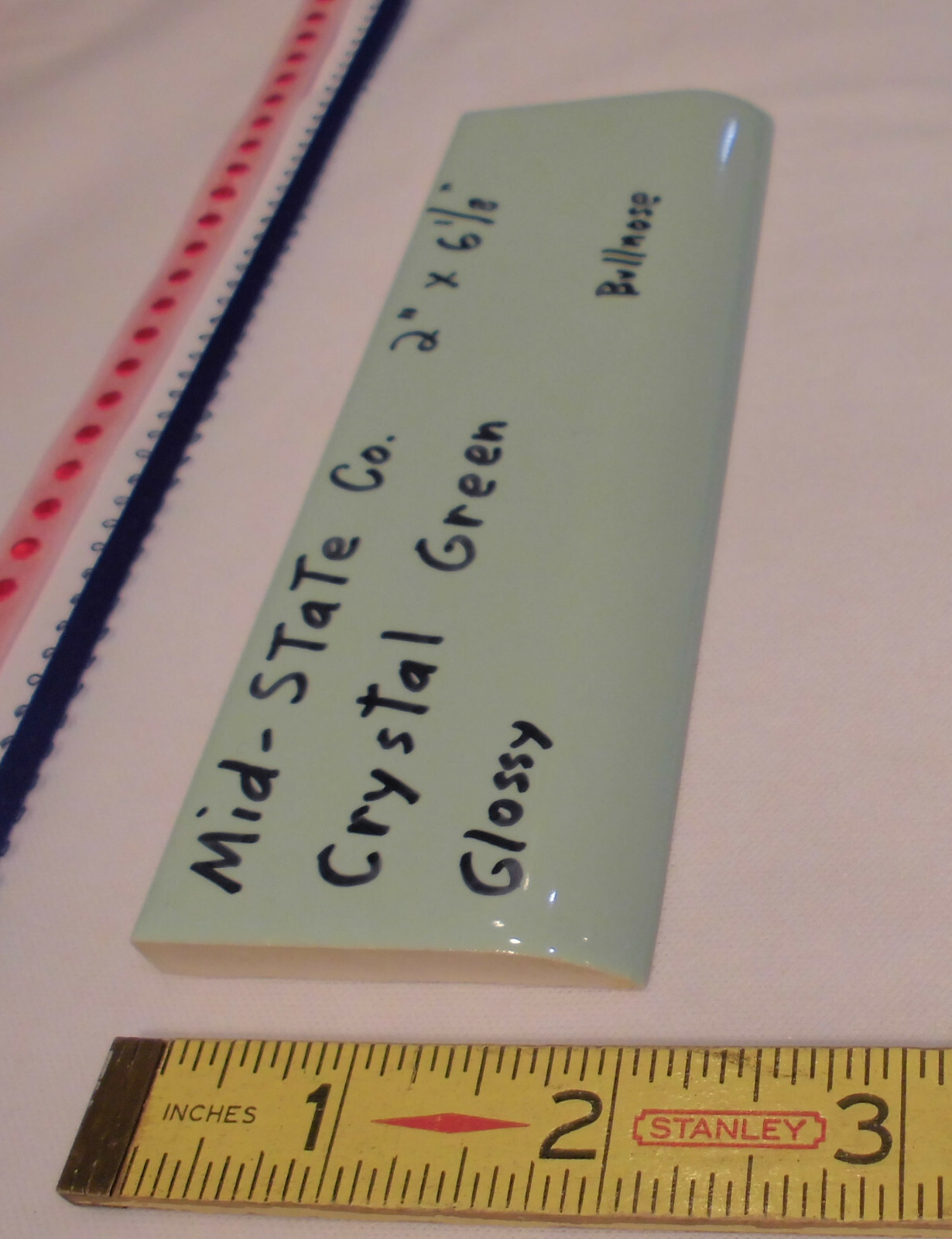 1 pc. Crystal Green: 2” X 6” Glossy Ceramic Bullnose Tile by MID-STATE, NOS