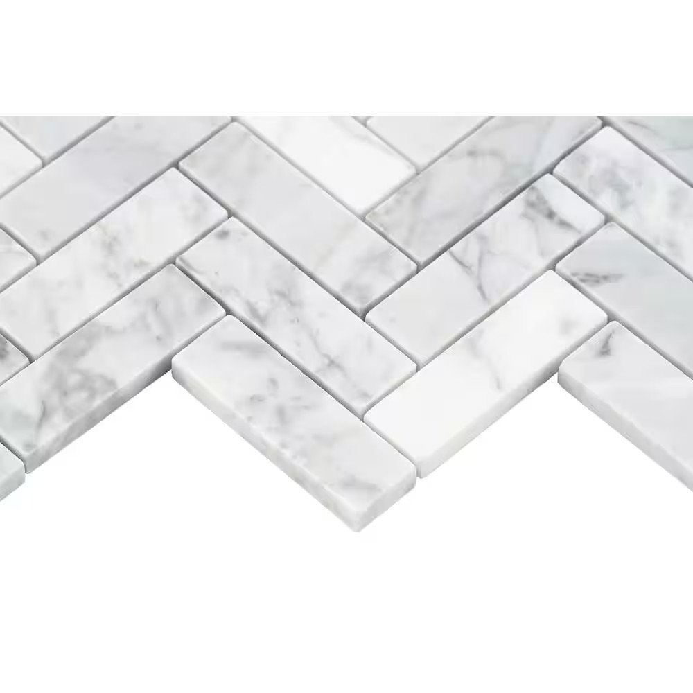 White Carrara Herringbone 12 In. X 12 In. 10Mm Polished Marble Stone Mosaic Wall