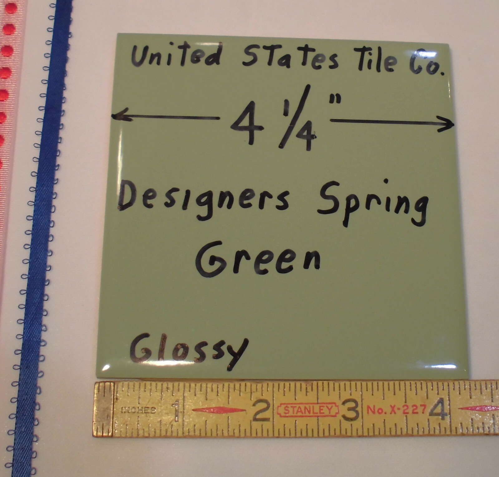 1 pc. *Designers Spring Green* 4-1/4″ Glossy Ceramic Tile; Made USA; New Stock