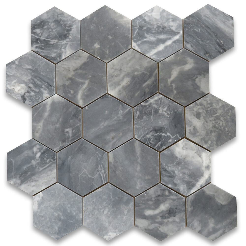 K36P Bardiglio Gray Dark Grey Marble 6 inch Hexagon Tile Polished