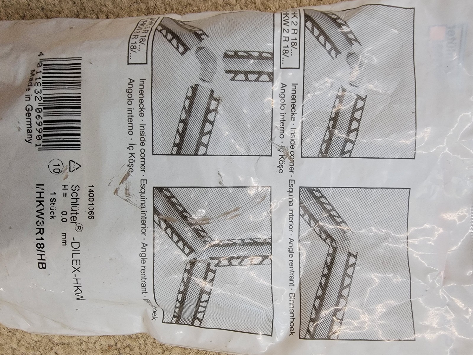 Schluter Dilex-HKW PVC Inside Corner Light Beige 1in x 2in – Lot of 5 – New