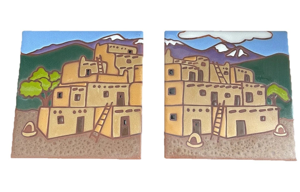 Vtg Ceramic Tile Sima Ceramiche Italy House Set Of 2 Hand painted 6” Terracotta