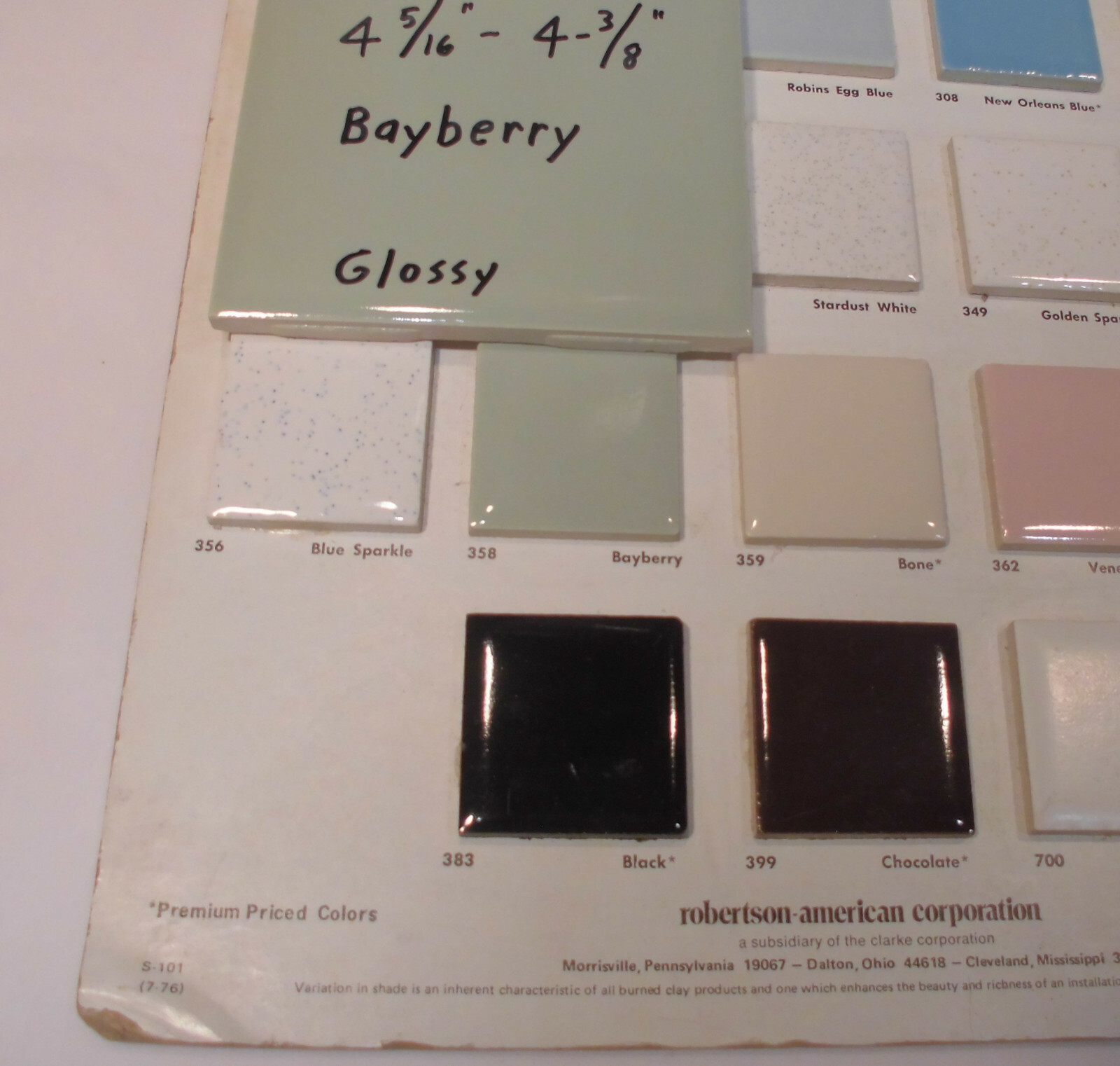 1 pc. Vintage Ceramic Tile *Bayberry Green* 4-5/16″- 4-3/8″ Robertson Co. NOS