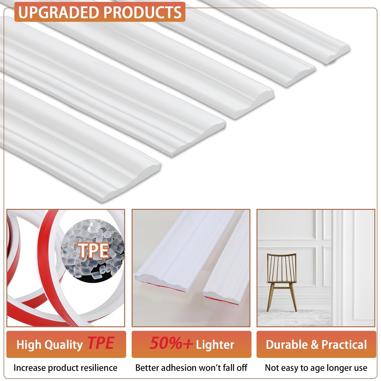 Peel and Stick Chair Rail Panel Molding, 240”L x 0.9”W Strong Self Adhesive…