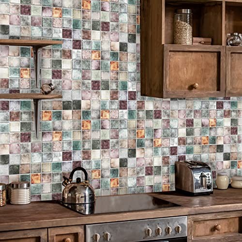 Antique 2” x 2” Glass Squared Tile Glazed Red Grey Grid Mosaic Multicolor