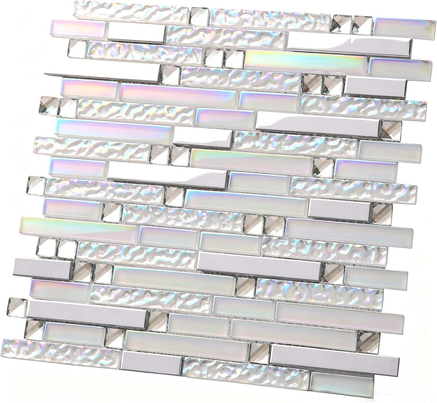 Iridescent White Silver Glass Tile Backsplash for Kitchen & Bath 5 Sq Ft