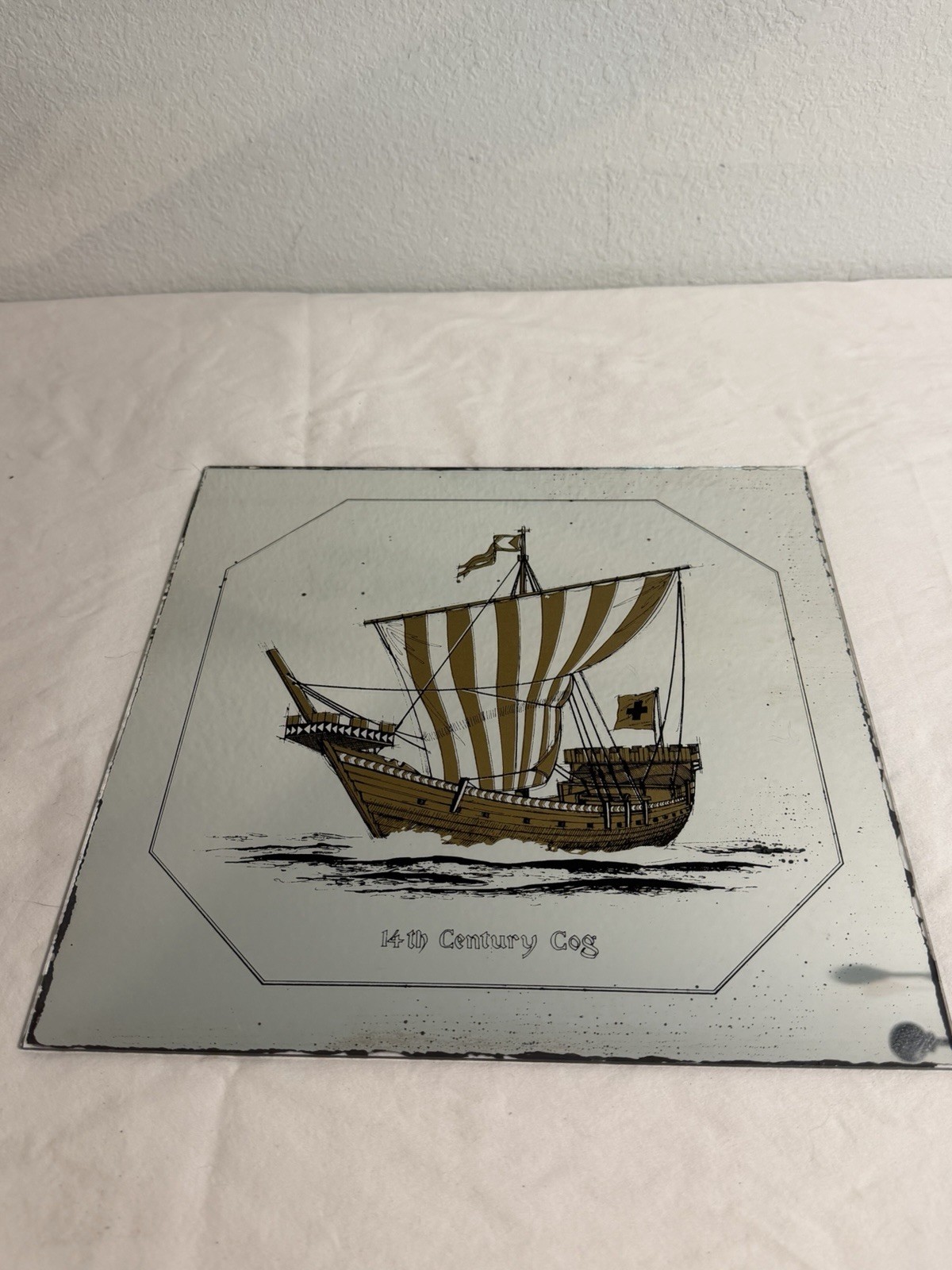 Vintage 70s 80s Mirro-Tile 12×12 Lot Of 6 Antique Gold Ships Viking Mirror Tiles