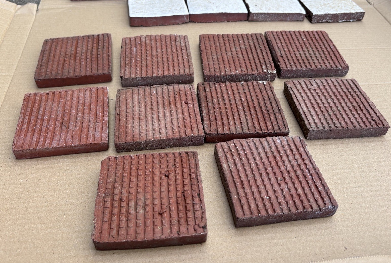 4 Vintage Hand Made Mottled Glazed Field Tile THICK 3 7/8″sq Set of 4 NOS #A