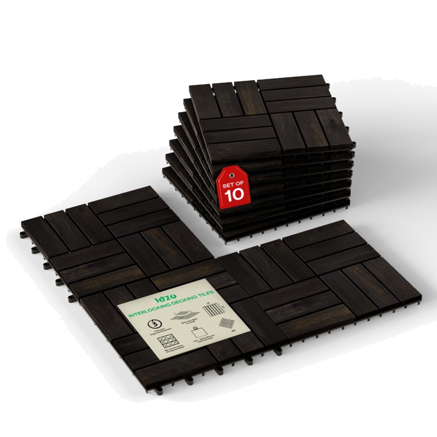 Acacia Wood Deck Tiles – 10-Piece Set, Black Checkered