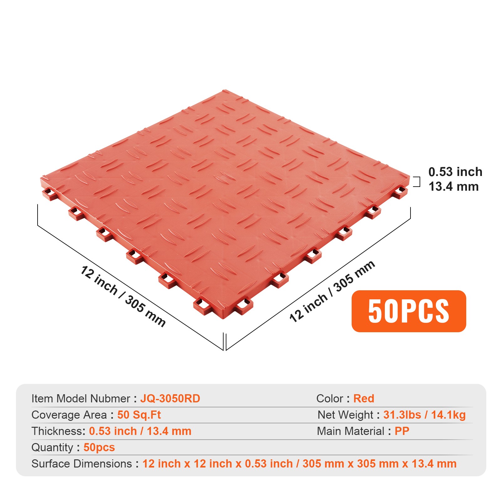 VEVOR Garage Floor Tiles Interlocking Flooring 12×12″ 50 Pack Bulk 50 sq.ft Red