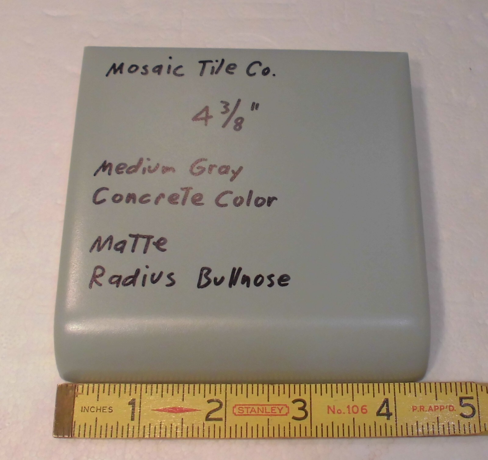 1 pc. Gray-Concrete Color: Matte Radius Bullnose Ceramic Tile 4-3/8″ Mosaic Co.