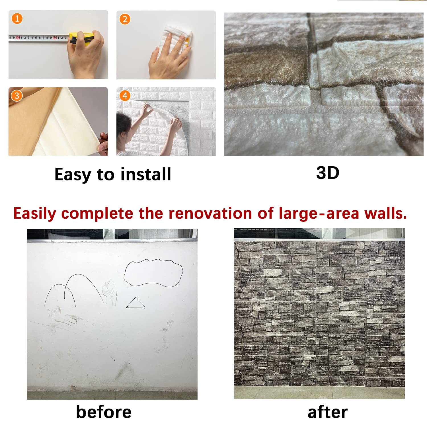 20PCS Rock Color Peel and Stick Faux Brick 3D Wall Panels Decor Stickers
