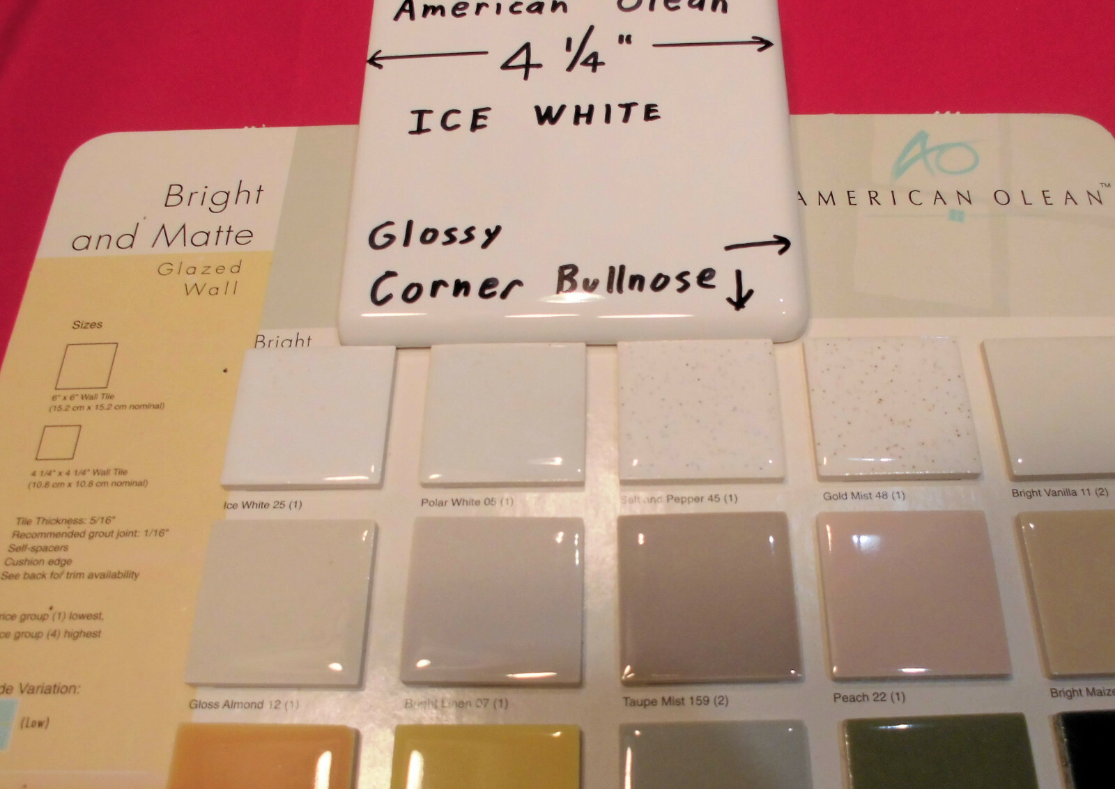 1 pc. *Ice White* Ceramic Tile Corner Bullnose by American Olean 4-1/4″ New