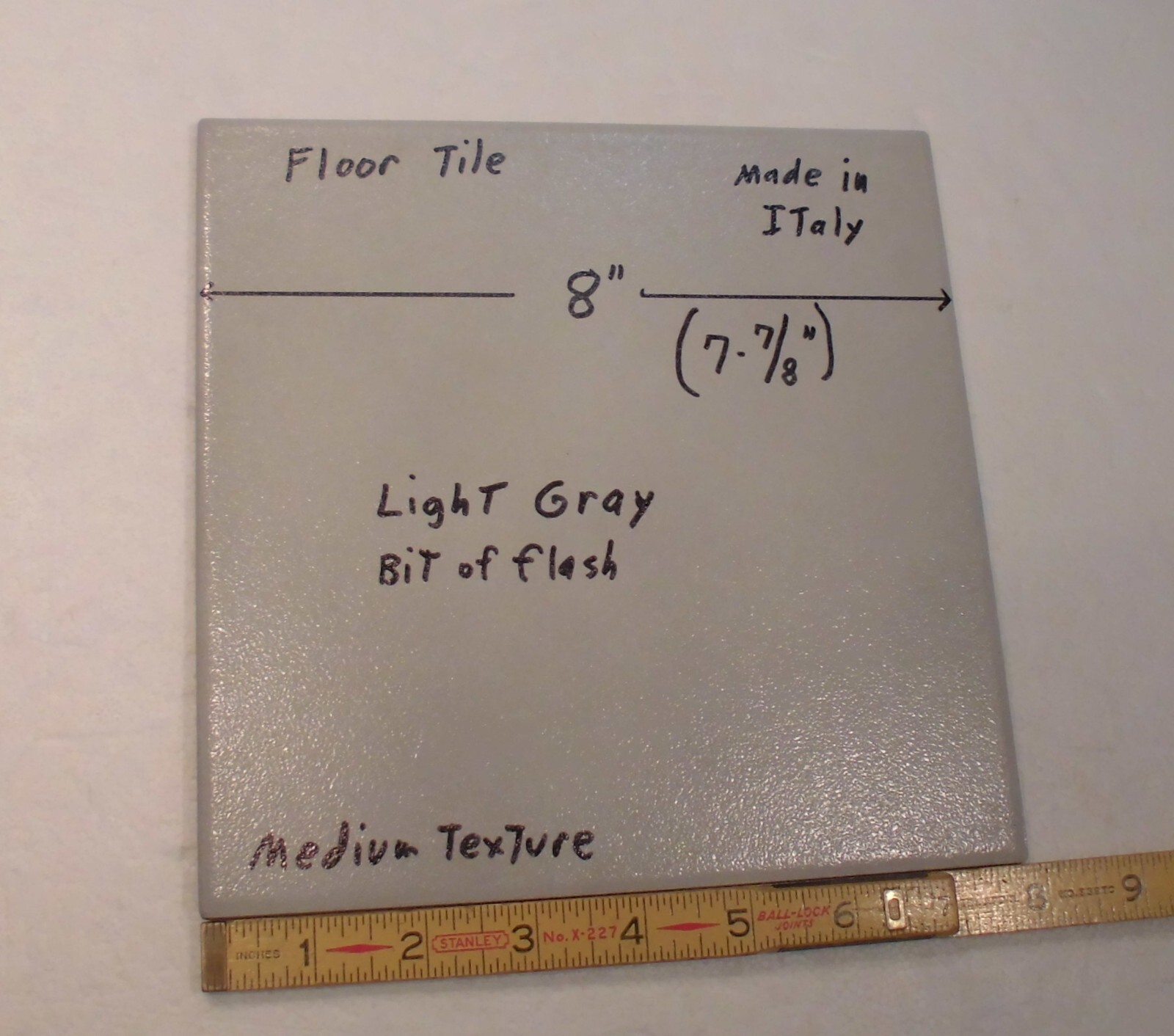 1 pc. “Light Gray” 7-7/8″ Ceramic Floor Tile: Medium Textured, Italian, flash