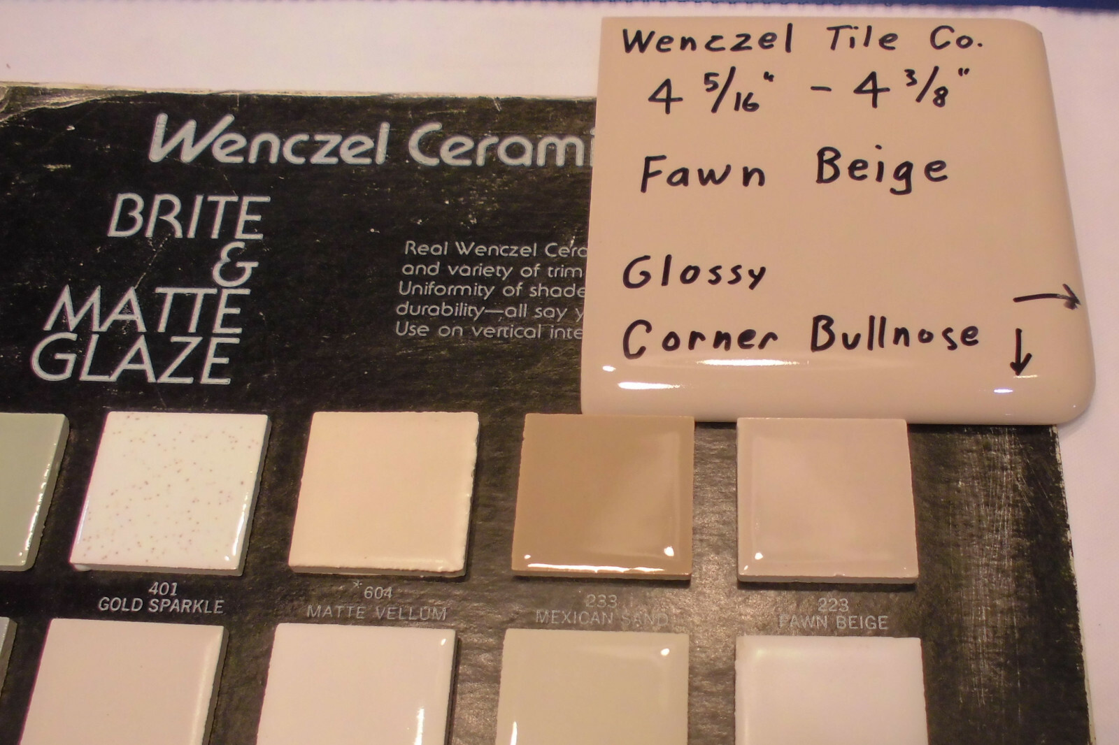 1 pc. Fawn Beige: Gloss Ceramic Corner Bullnose Tile by Wenczel Tile 4-5/16″