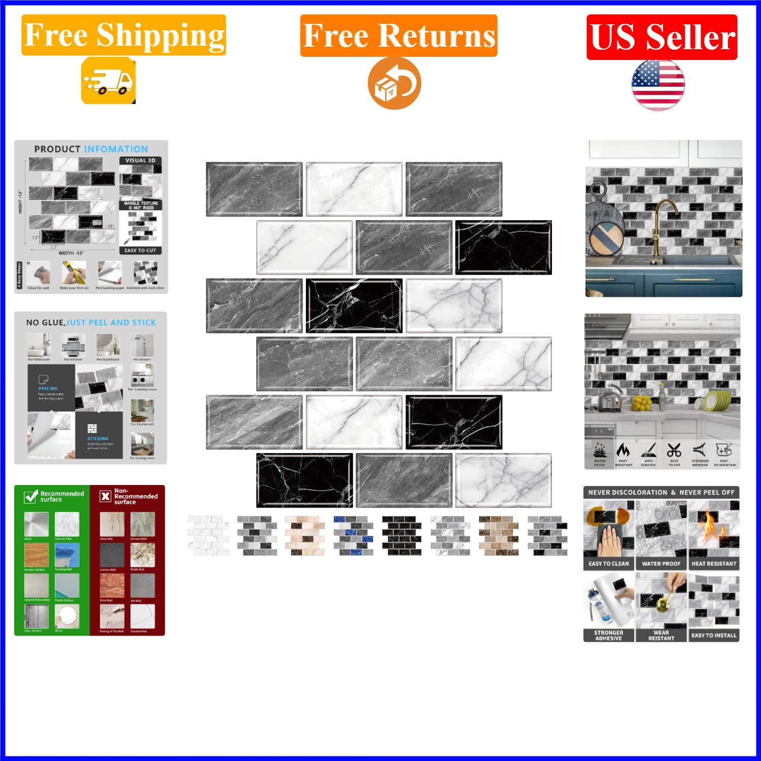 10 Sheets Peel & Stick Marble Backsplash Tiles 12×12 in Gray White Black