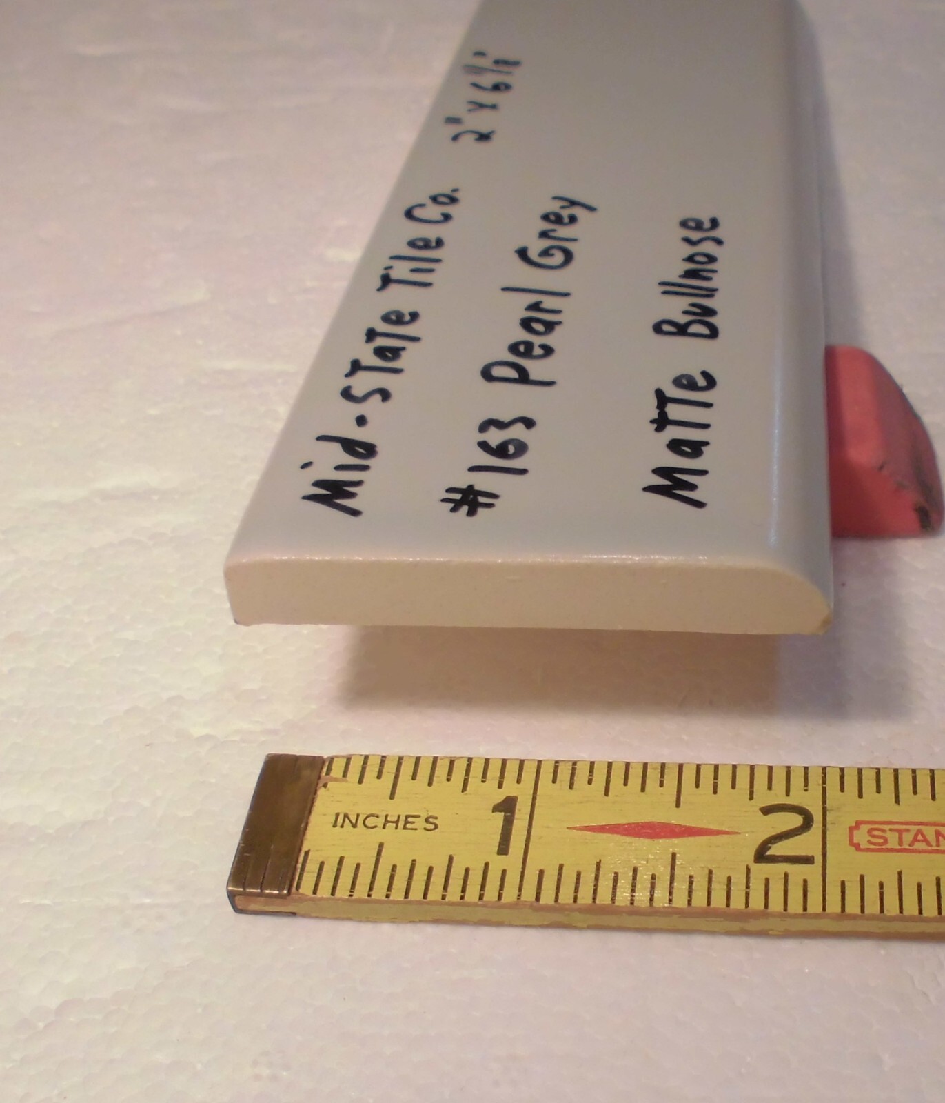 1 pc. Vintage Matte *Pearl Gray* 2” X 6-1/8” Surface Bullnose Ceramic Tile, NEW