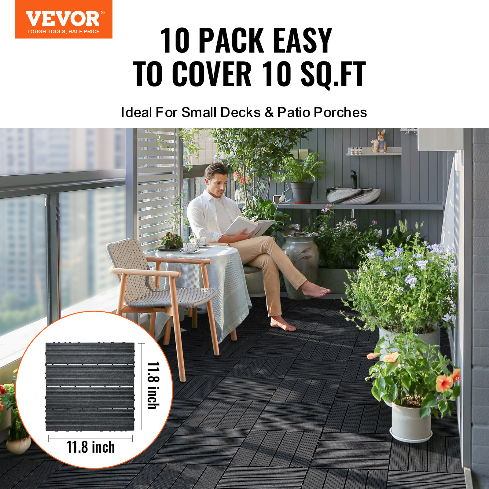 VEVOR Interlocking Deck Tiles 10 Pack 12″x12″ Plastic for Porch Dark Grey