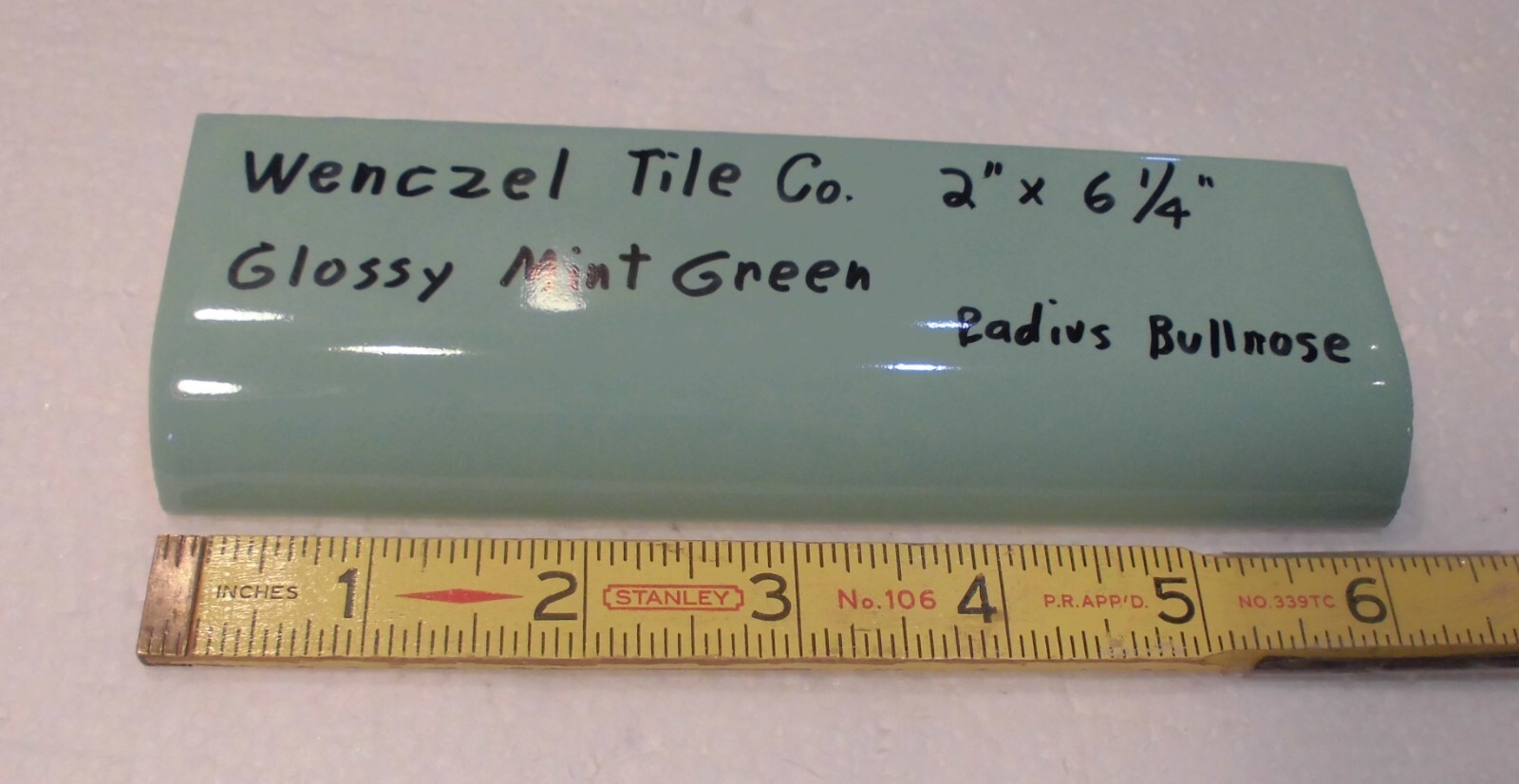 1 pc. Mint Green: Glossy Ceramic Radius Bullnose Tile: Wenczel Co. 2″ X 6-1/4″