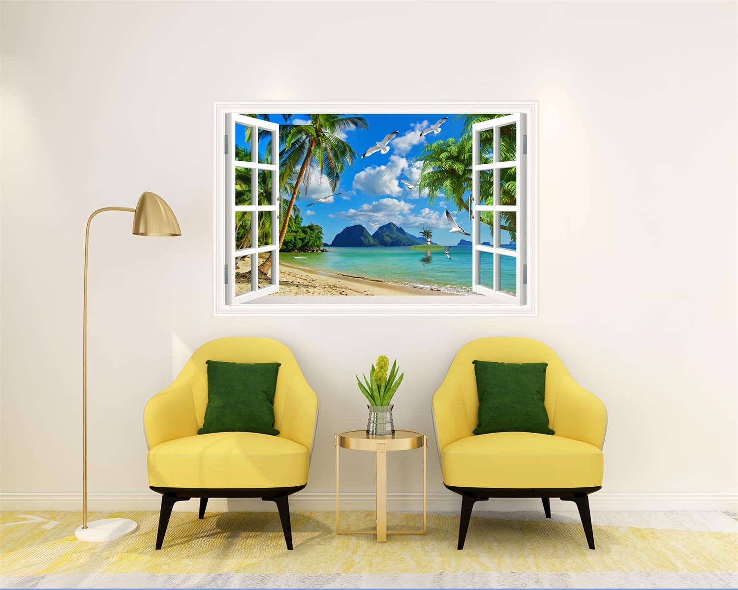 3D -Adhesive Painting Fake Window Wall Stickers Tropical Island with Palm Tre…