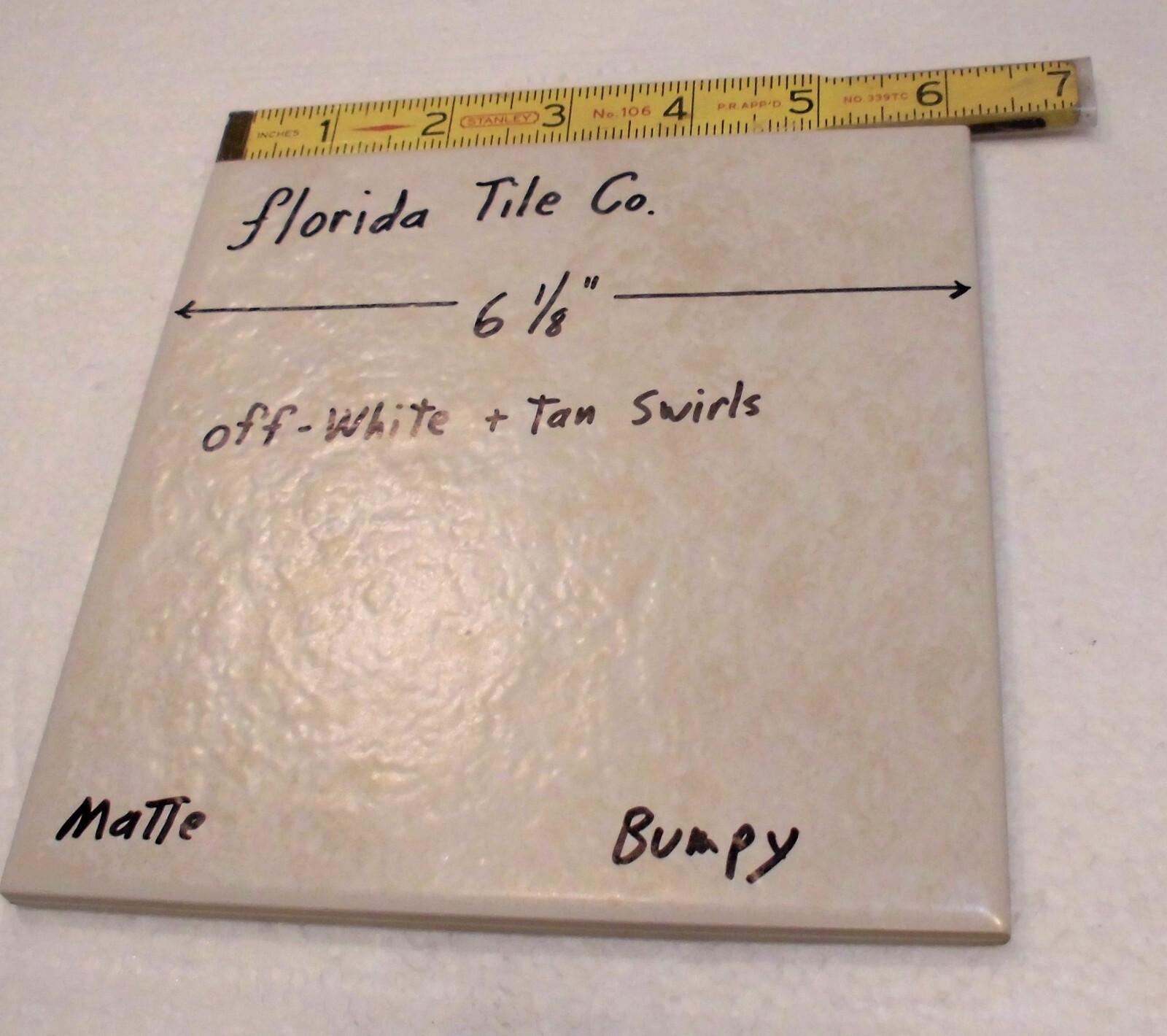 1 pc. Off-White +Tan Swirls: 6-1/8″ Square; Matte Ceramic Tile, by Florida, NOS