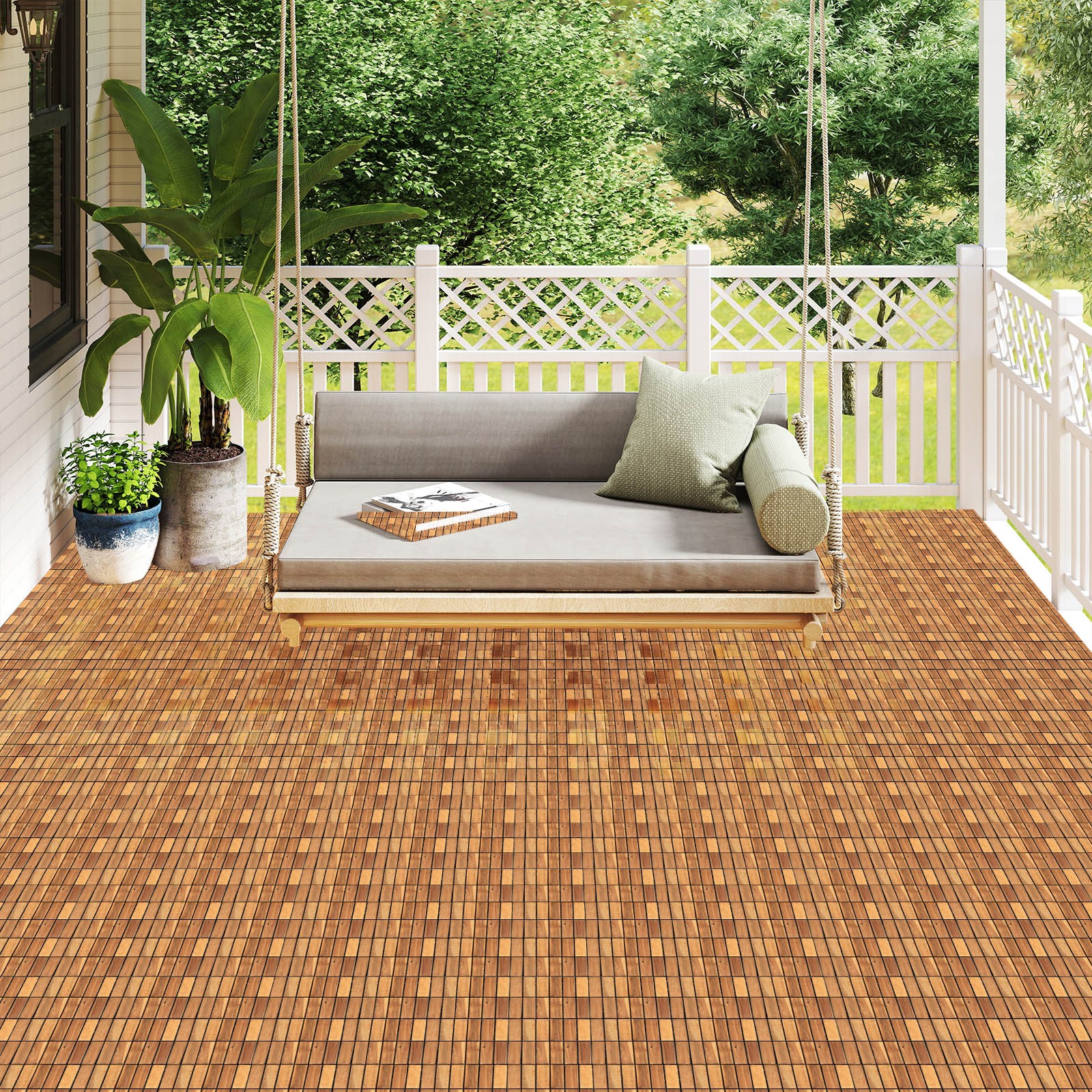 12″ x 12 Acacia Wood Interlocking Deck Tiles 27 PCS Waterproof Flooring Tiles