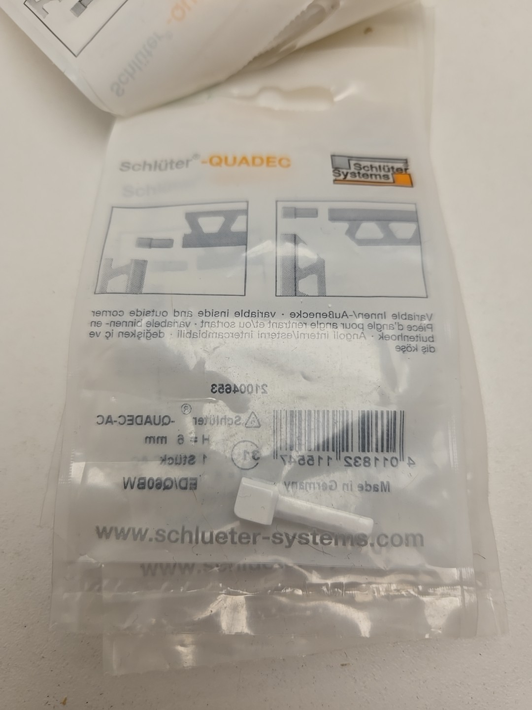 4x Schluter ED/Q60BW Quadec Out Corner 1/4in. Aluminum Bright White
