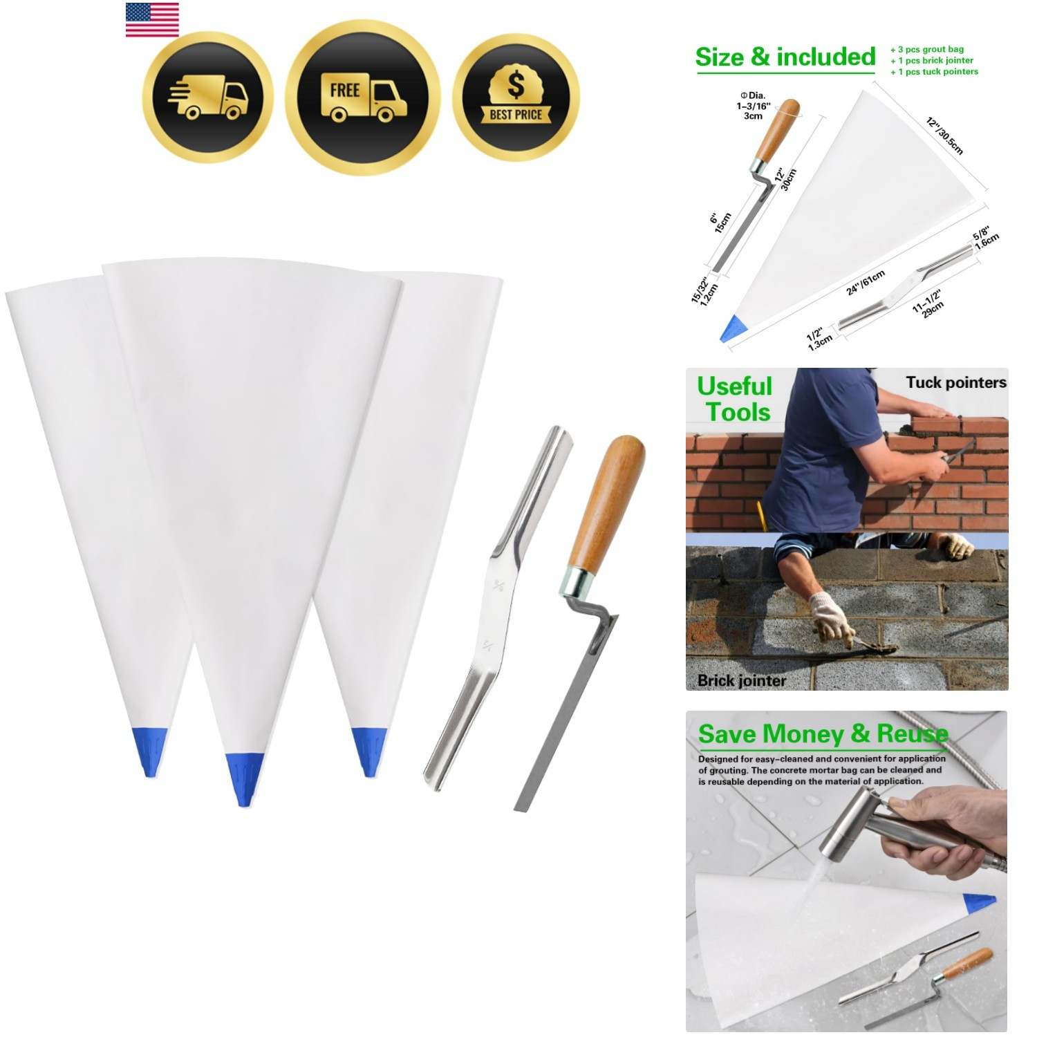 3 Pack Tile Grout Masonry Mortar Bag, 12″ by 24″ Heavy Duty Tear Resistant Pu…