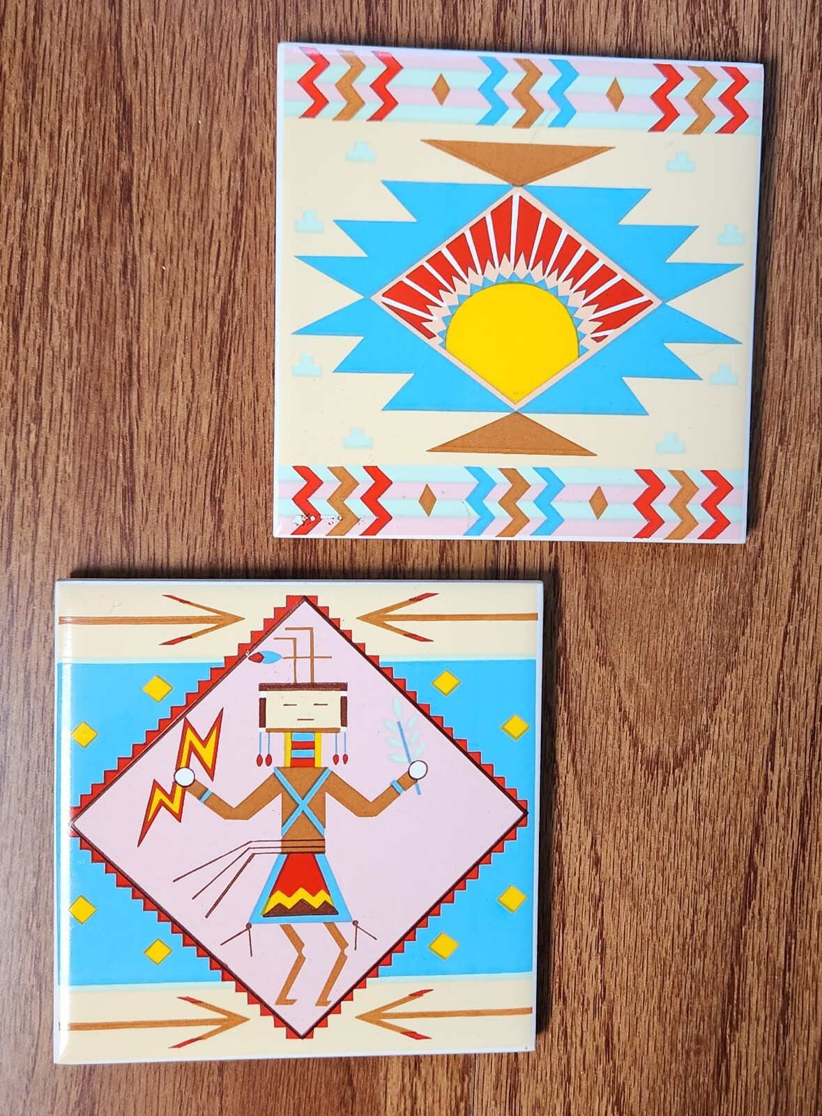 Set-of-2 VINTAGE Vandor 4.5” Ceramic Silkscreen Tile Trivet Wall Decor Cork Back